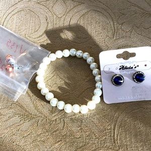 Faux Pearl Bracelet with Sapphire Blue Earrings